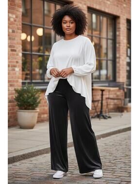 Womens Black Slinky Jersey Wide Leg Pants Sz Med Petite Length, Day to Night